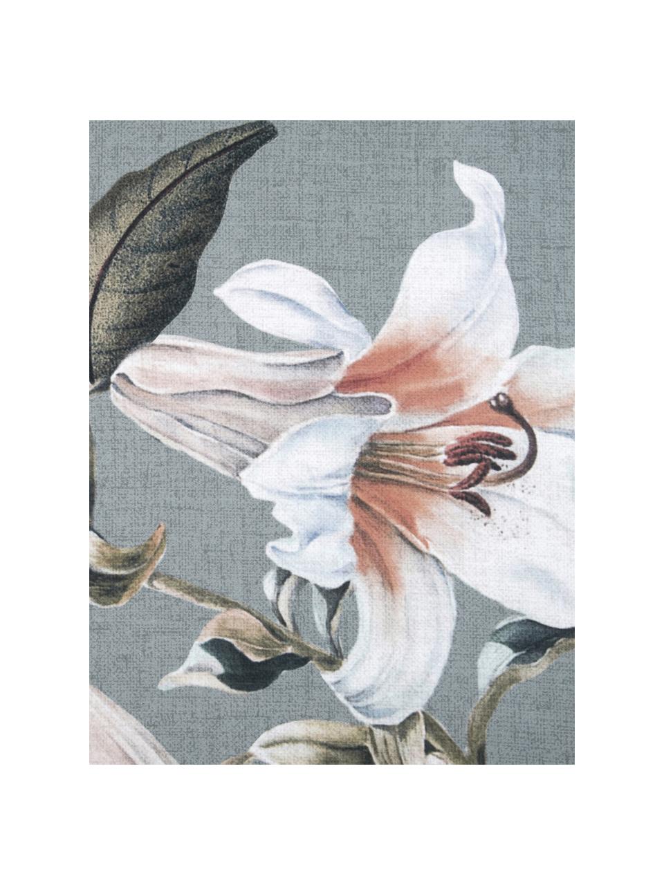 Baumwollsatin-Bettwäsche Flori in Grau mit Blumen-Print, Webart: Satin Fadendichte 210 TC,, Vorderseite: Blau, Cremeweiß Rückseite: Blau, 155 x 220 cm + 1 Kissen 80 x 80 cm