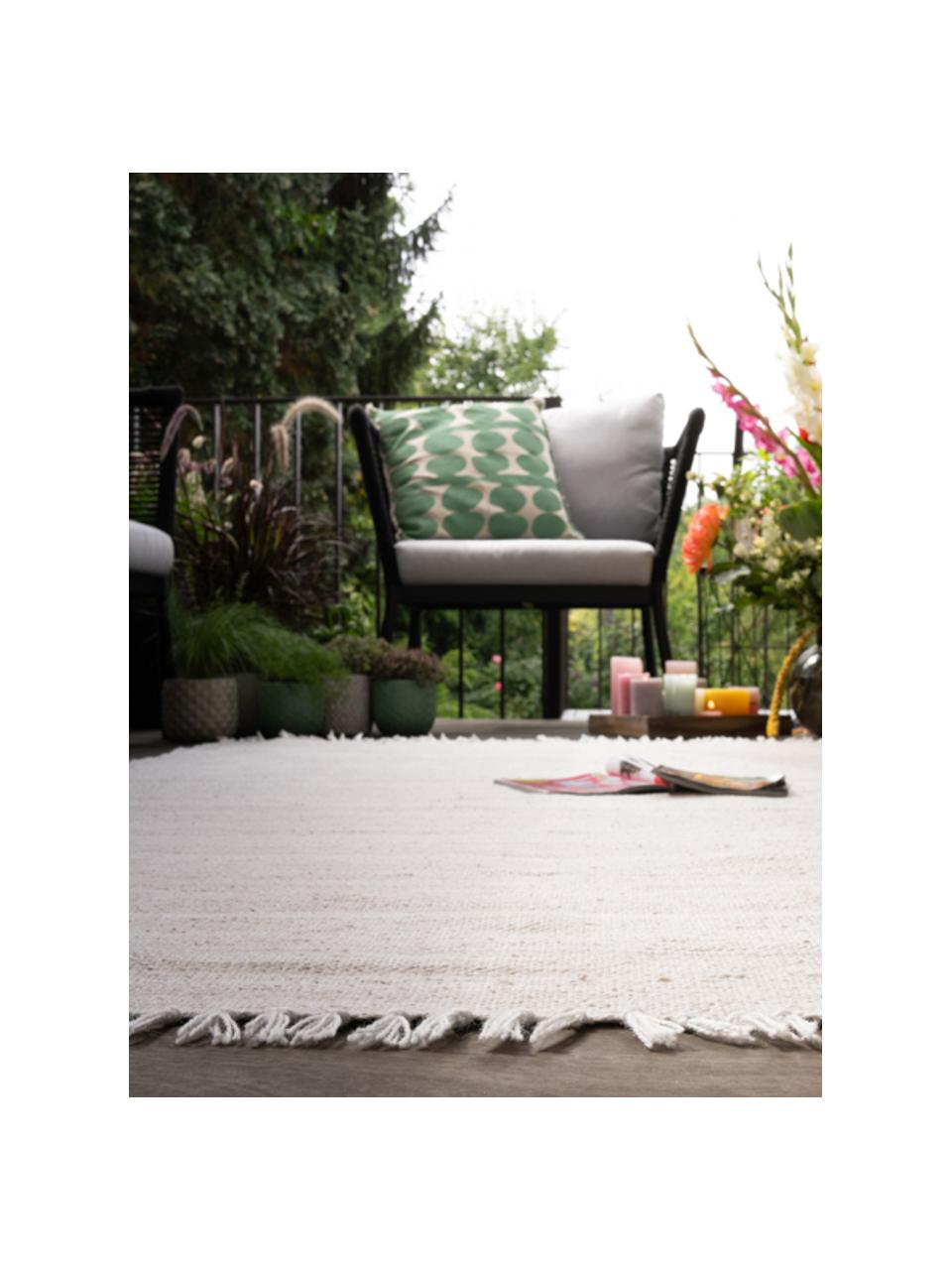 Handgeweven in- & outdoor vloerkleed Nador met franjes, 100% polyethyleen, Lichtbeige, B 80 x L 150 cm (maat XS)