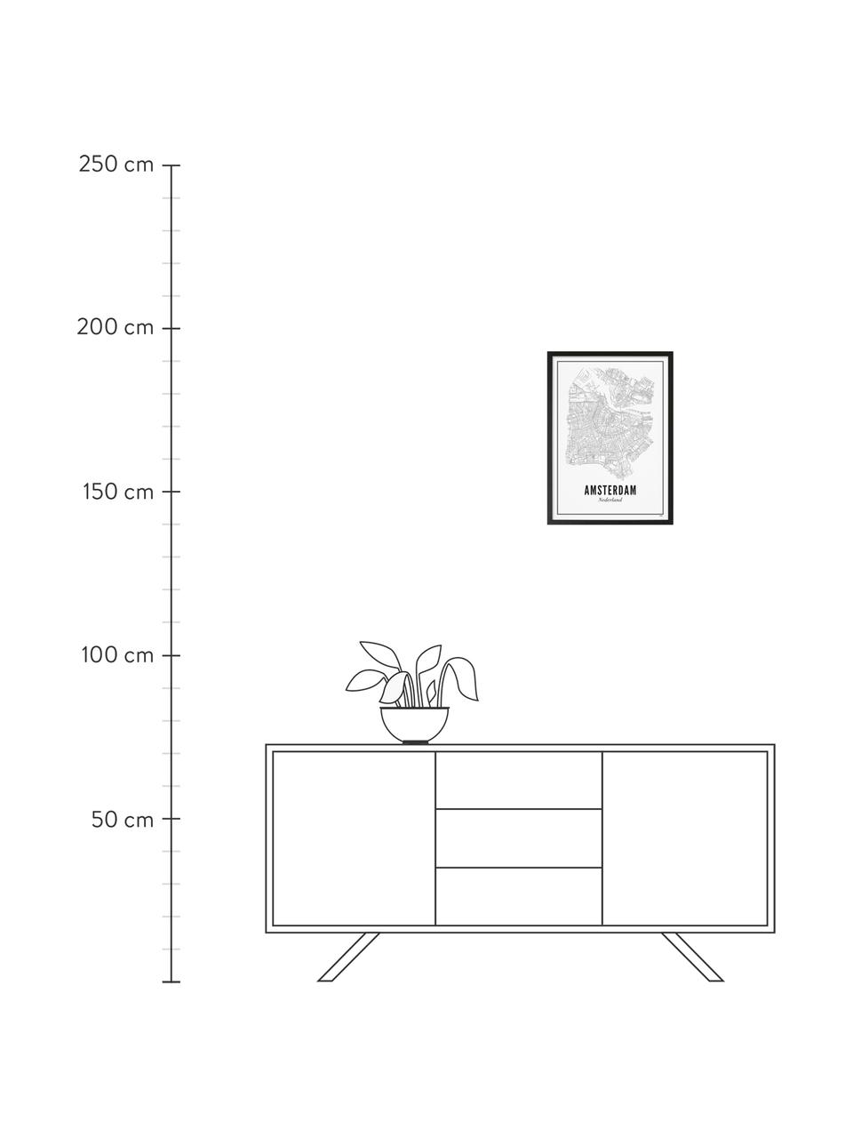 Lámina decorativa Amsterdam, Ilustración: negro, blanco Marco: negro, mate, An 40 x Al 50 cm