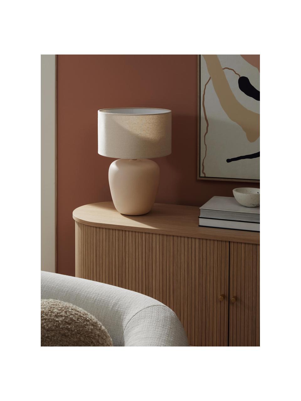 Große Keramik-Tischlampe Eileen, Lampenschirm: Leinen (100 % Polyester), Lampenfuß: Keramik, Hellbeige, matt, Ø 33 x H 48 cm