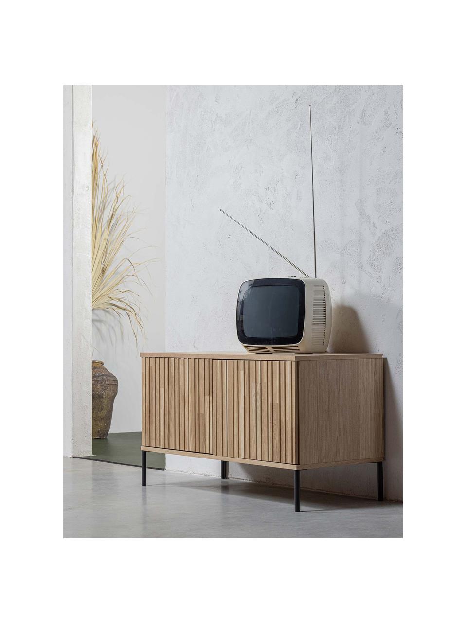 Mueble TV de madera de roble Avourio, 2 puertas, Estructura: madera de roble con certi, Patas: metal recubierto, Beige, An 100 x Al 56 cm