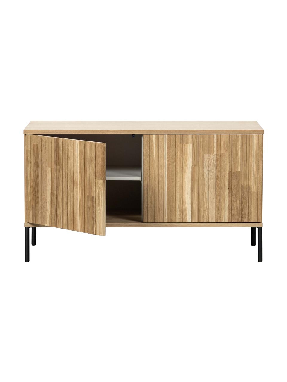 Tv-meubel Avourio met geribde voorzijde van eikenhout, 2 deuren, Frame: eikenhout, FSC-gecertific, Poten: gecoat metaal, Eikenhout, B 100 cm x H 56 cm