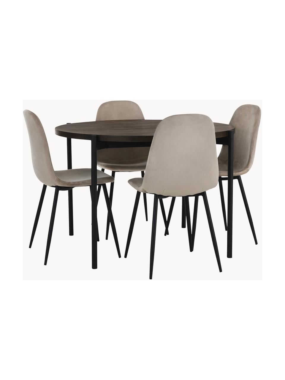 Ronde eettafel Gilda met fluwelen stoelen, Ø 110 cm, Bekleding: fluweel (100% polyester), Poten: gepoedercoat metaal, Tafelblad: gelamineerd MDF, Poten: gepoedercoat metaal, Fluweel beige, donker hout, Ø 110 x H 75 cm