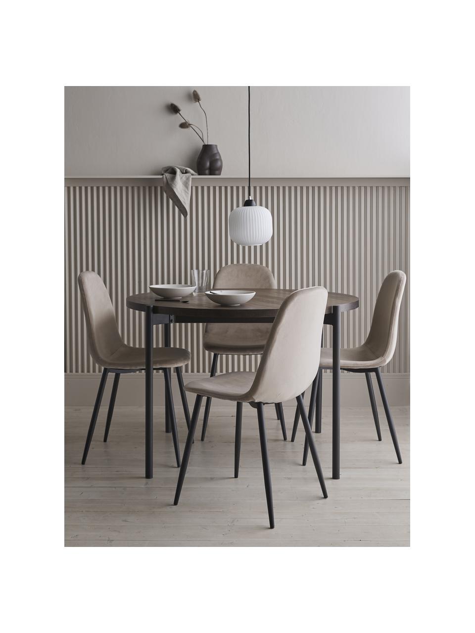 Ronde eettafel Gilda met fluwelen stoelen, Ø 110 cm, Bekleding: fluweel (100% polyester), Poten: gepoedercoat metaal, Tafelblad: gelamineerd MDF, Poten: gepoedercoat metaal, Fluweel beige, donker hout, Ø 110 x H 75 cm