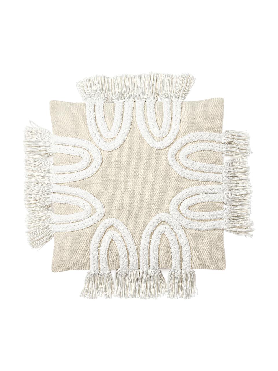 Funda de cojín con tejido capitoné y flecos Inga, 100% algodón ecológico, Beige, An 45 x L 45 cm