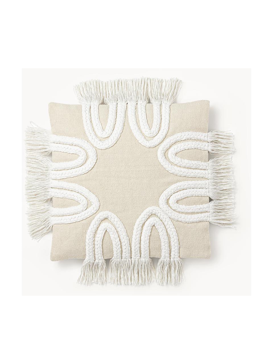 Housse de coussin 45x45 à détails tuftés et franges Ivor, 100 % coton bio, Beige, larg. 45 x long. 45 cm