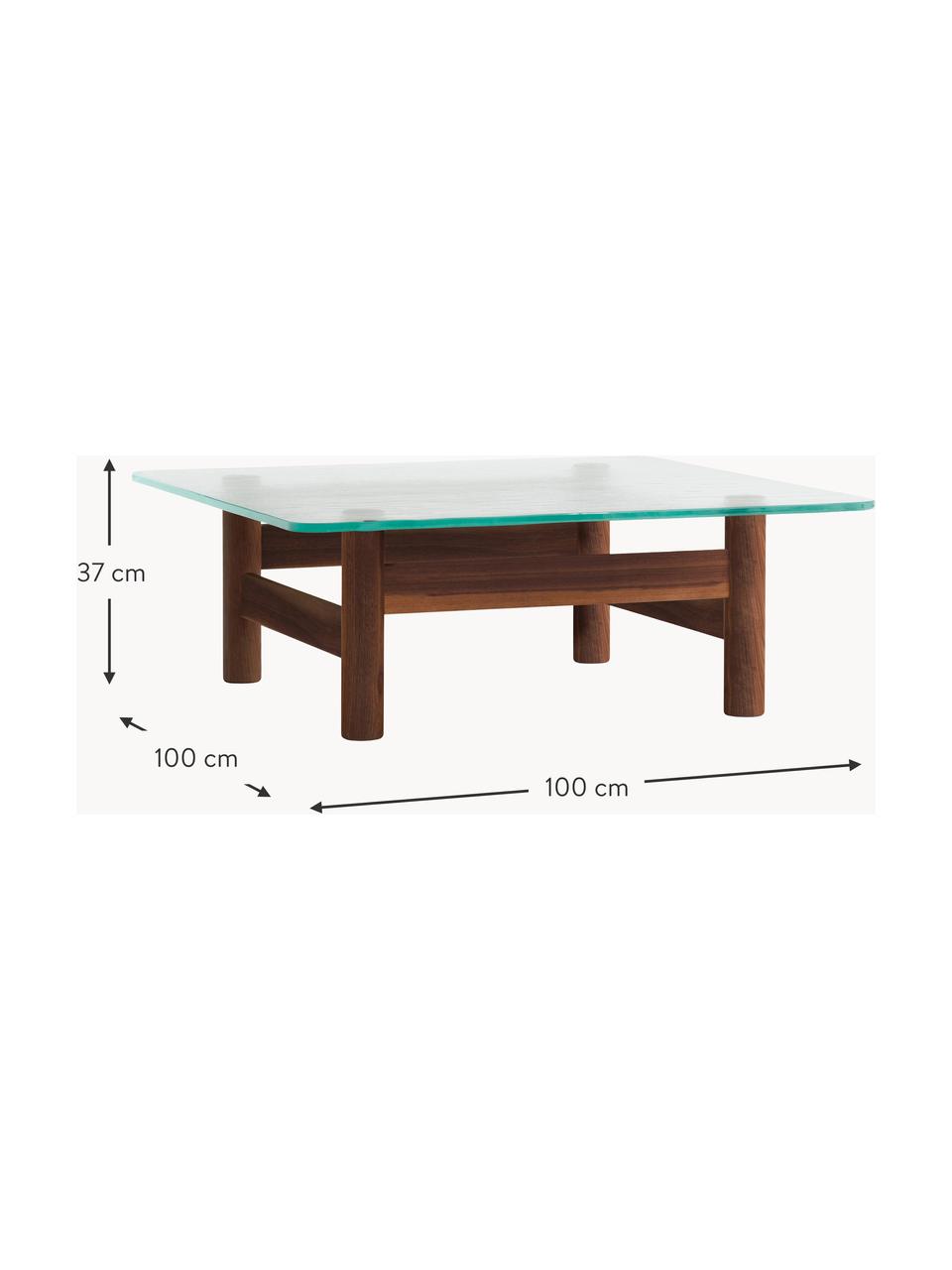 Couchtisch Brasilia aus Walnussholz mit Glasplatte, Tischplatte: Glas, gehärtet, Gestell: Walnussholz, Transparent, dunkles Walnussholz, B 100 x T 100 cm