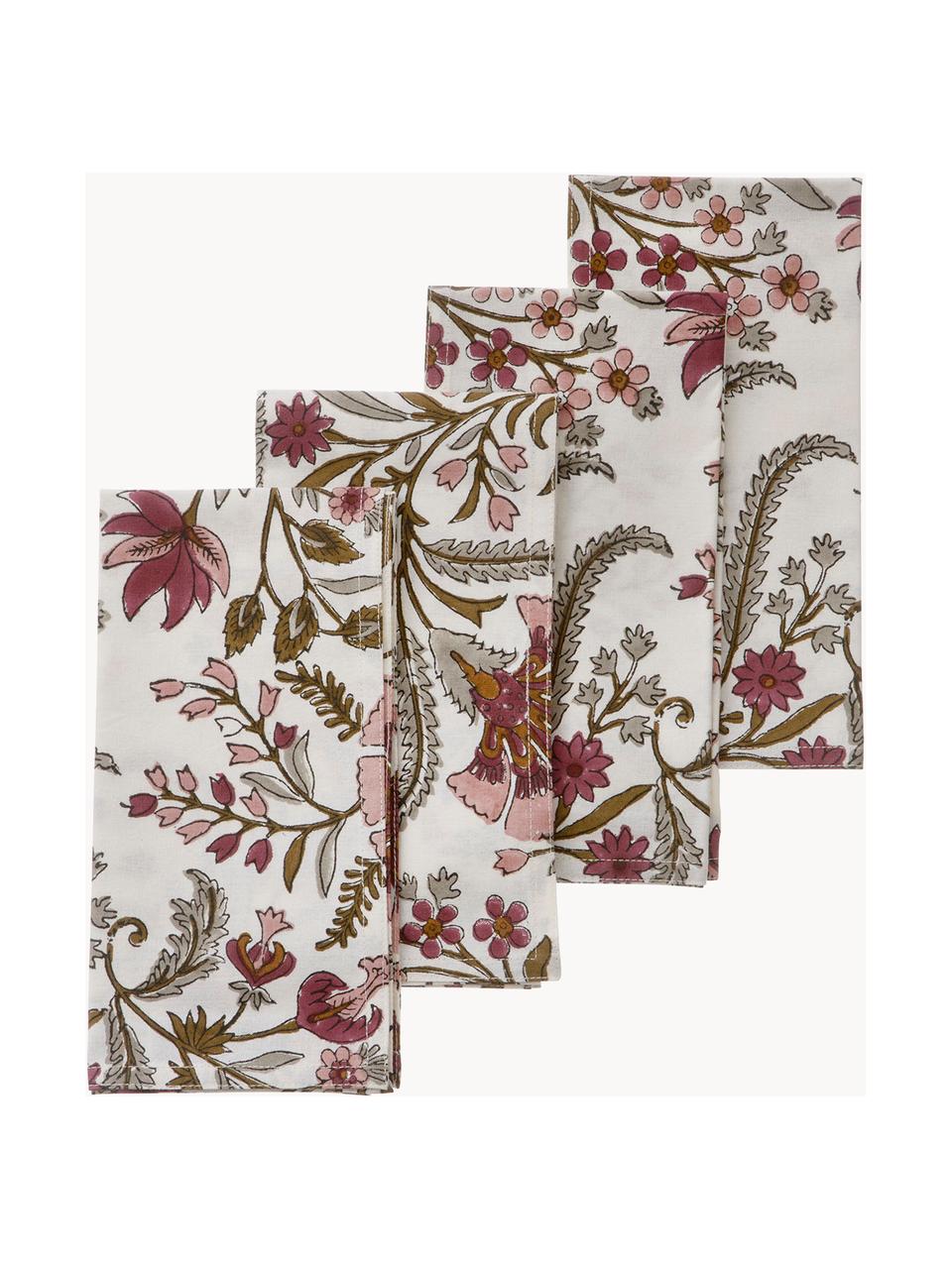 Serviettes motif à fleurs Lily Rose, 4 pièces, 100 % coton, Vieux rose, mauve, vert olive, larg. 45 x long. 45 cm (taille M)