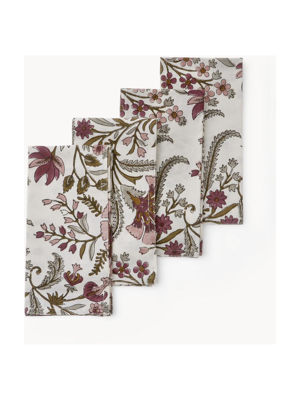 Stoffen servetten Lily Rose met bloemmotief, 4 stuks, 100% katoen, Oudroze, mauve, olijfgroen, B 45 x L 45 cm