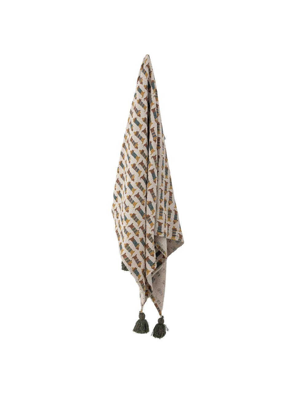 Plaid à houppes Charlie, 61 % coton, 31 % polyester, 8 % viscose, Beige, multicolore, larg. 130 x long. 160 cm