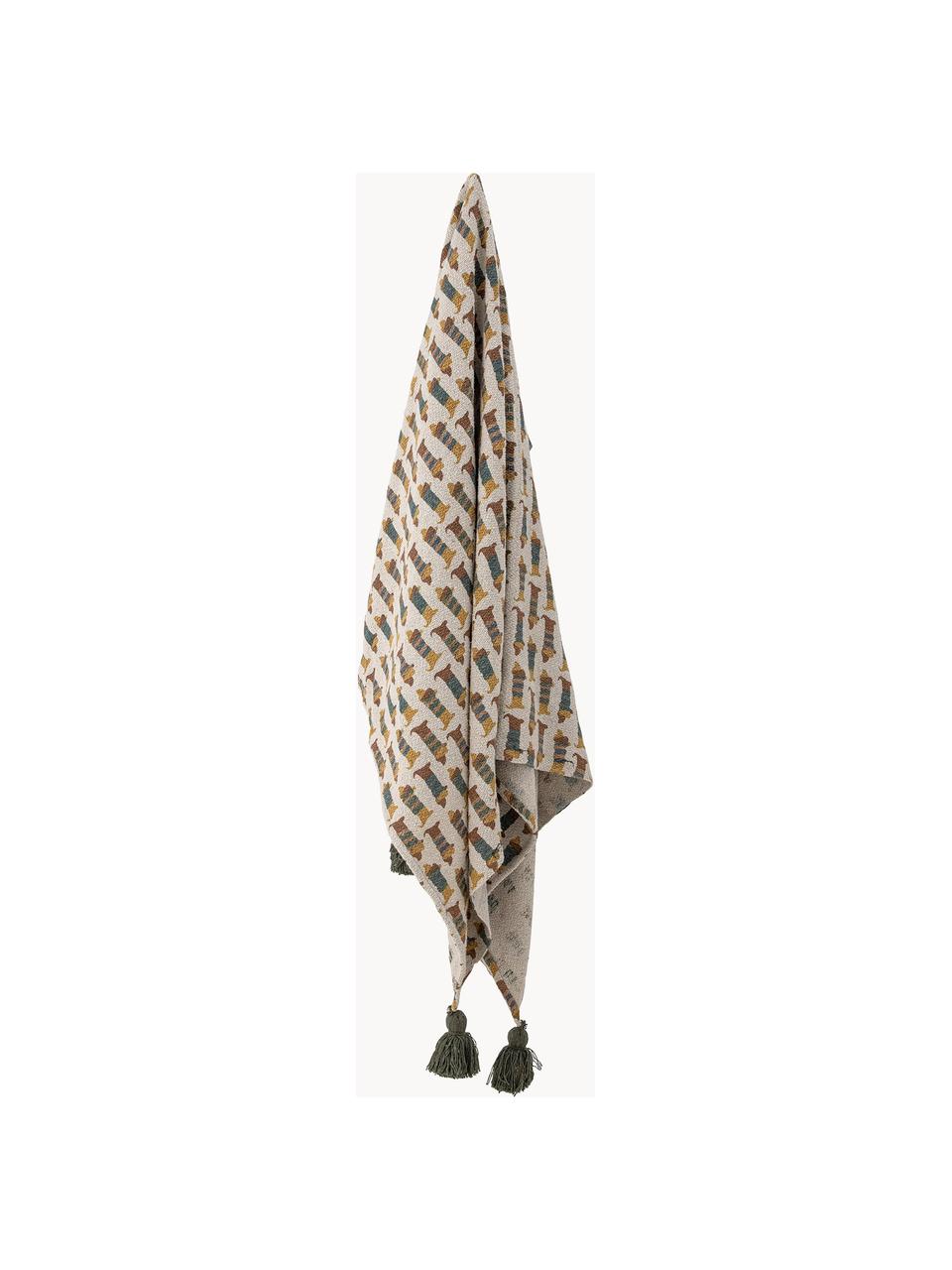 Plaid Charlie met kwastjes, 61% katoen, 31% polyester, 8% viscose, Beige, meerkleurig, B 130 x L 160 cm