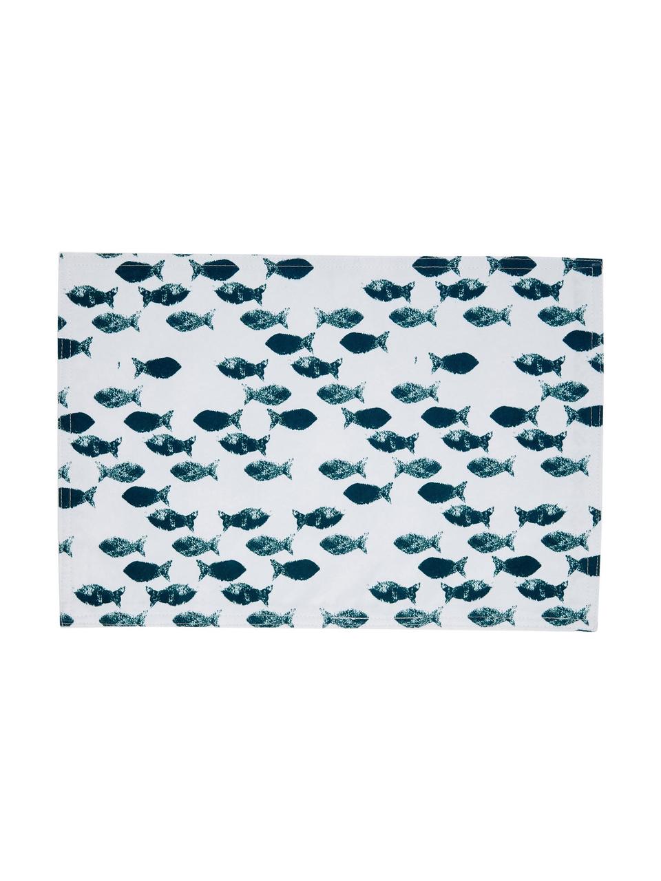 Waterafstotende placemats Fishbone, 2 stuks, Polyester, Wit, blauwtinten, B 33 x L 48 cm