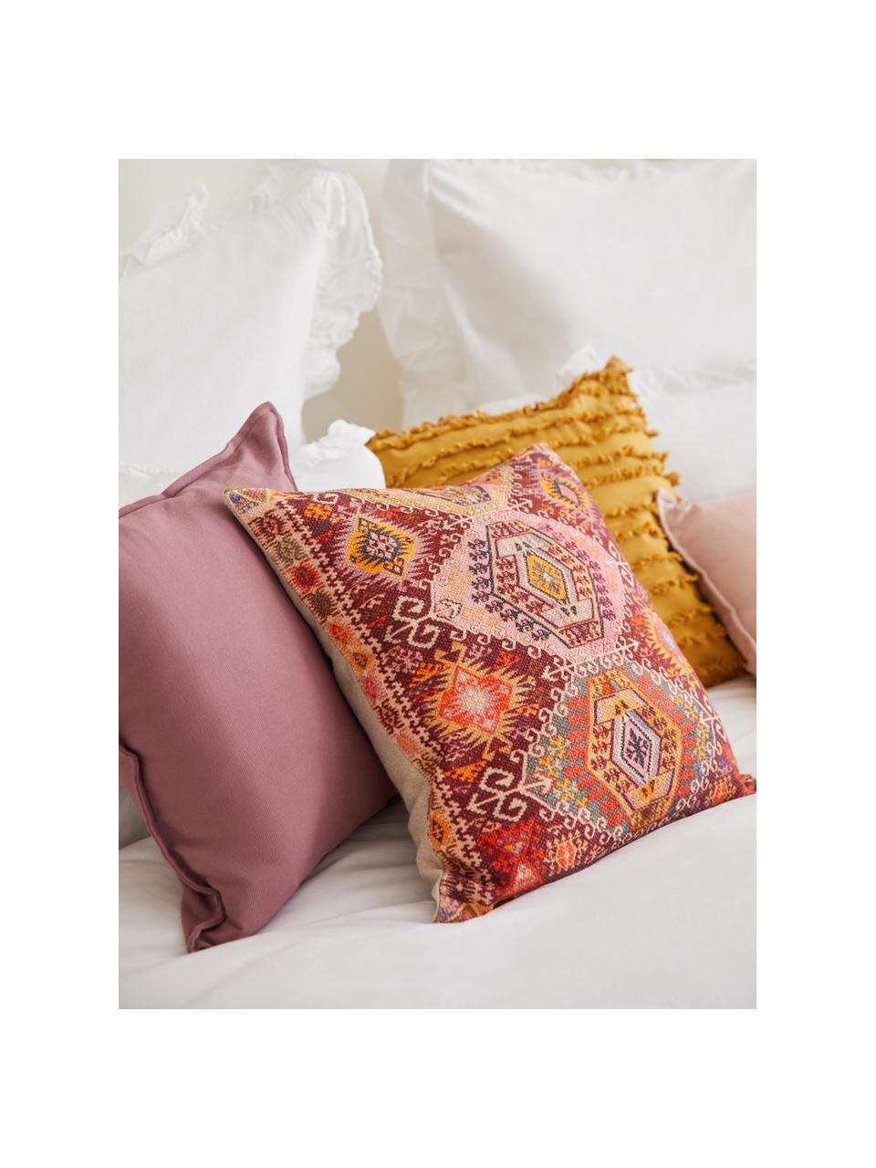 Housse de coussin ethnique en coton Tarso, Coton, Rouge, rose, orange, beige, larg. 45 x long. 45 cm