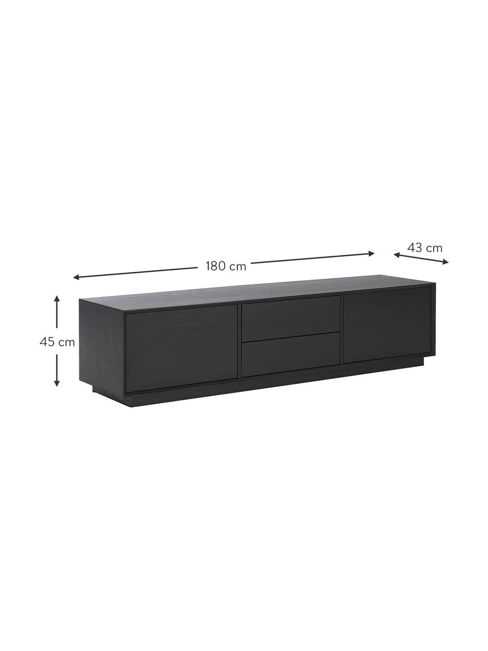 Tv-meubel Noel van essenhoutfineer met kabeldoorgang in zwart, Vezelplaat met gemiddelde dichtheid (MDF) met essenfineer, Hout, zwart gelakt, B 180 cm x H 45 cm