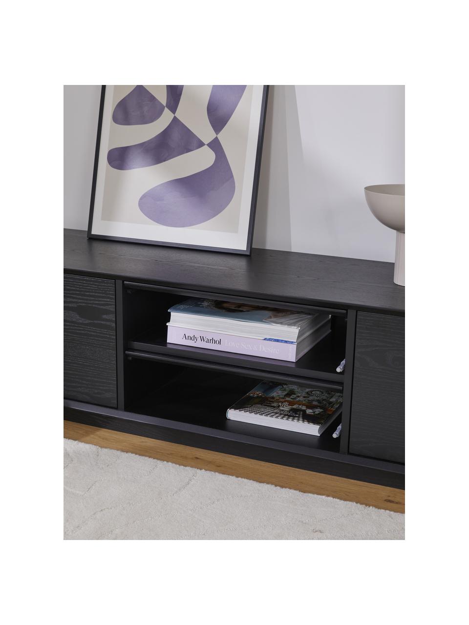 Mueble de TV en fresno Noel, Tablero de fibra de densidad media (MDF) chapado en madera de fresno, Madera pintada en negro, An 180 x Al 45 cm