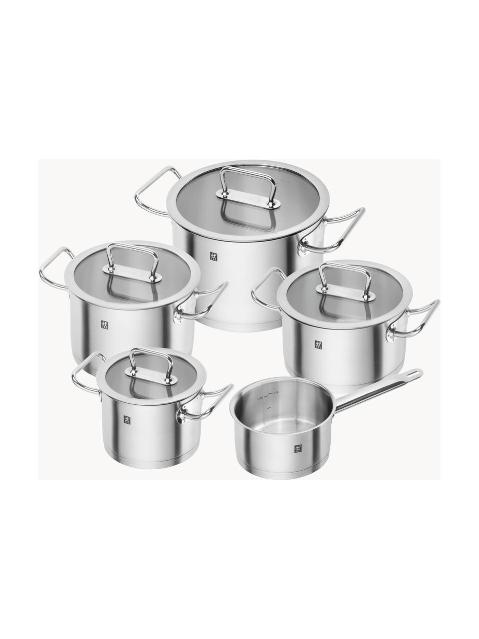 Kookpannen Pro van roestvrij staal, set van 5, Deksel: glas, edelstaal, Zilverkleurig, Set met verschillende groottes