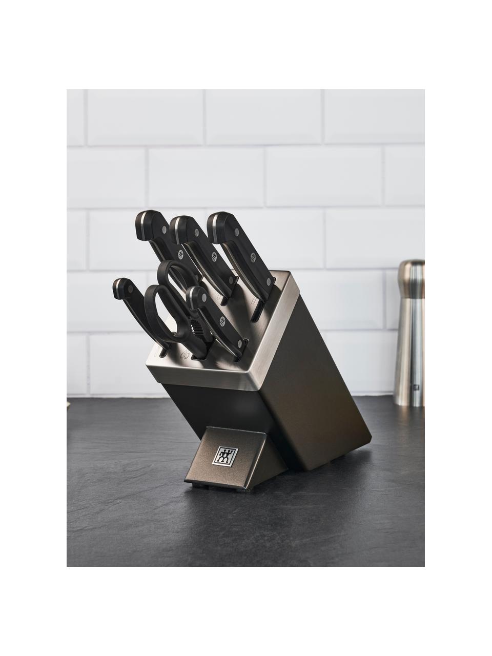Selbstschärfender Messerblock Gourmet mit 5 Messern und 1 Schere, Griffe: Kunststoff, Grau, Silberfarben, Schwarz, Set mit verschiedenen Grössen