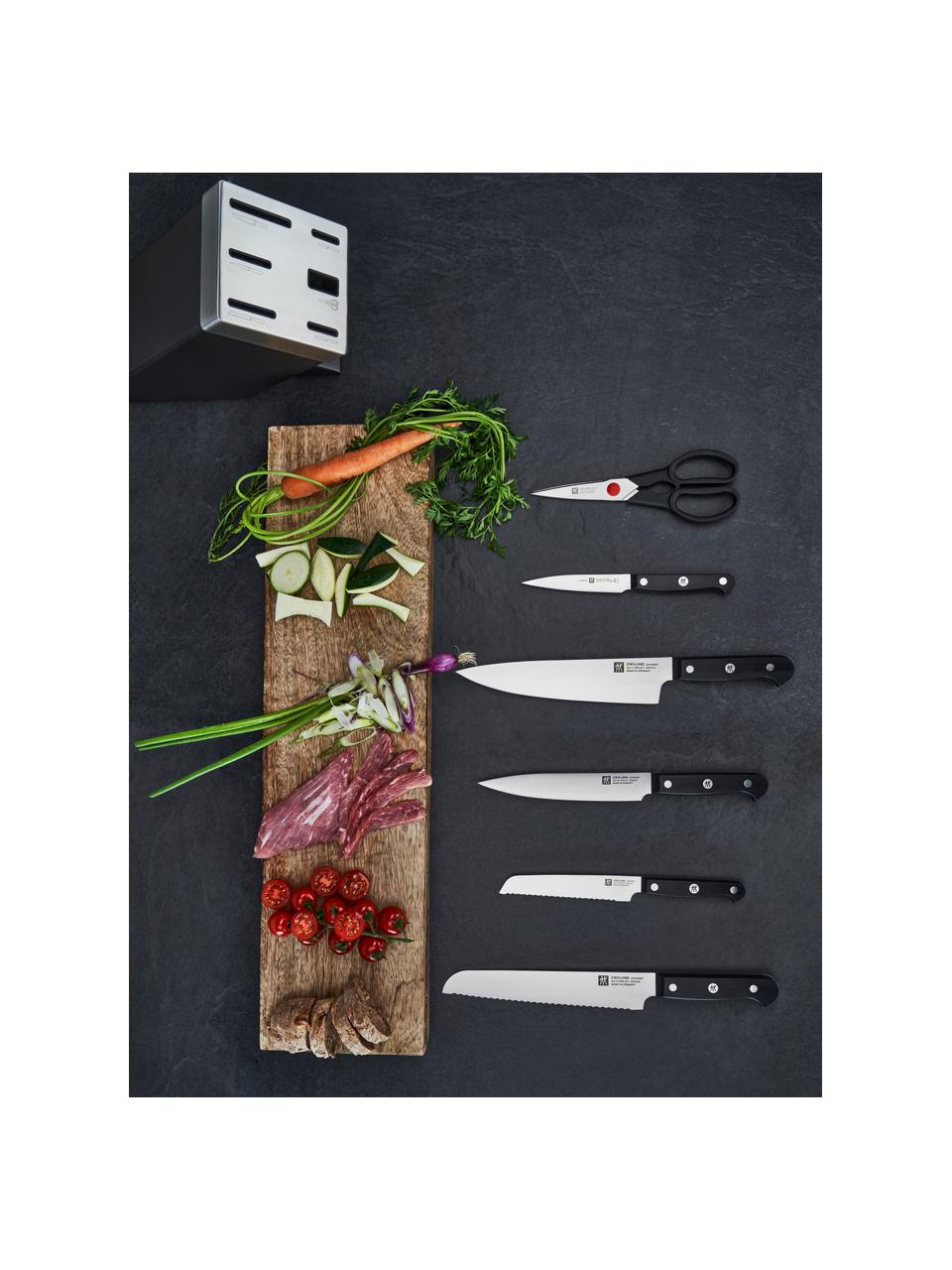 Ceppo portacoltelli autoaffilante con 5 coltelli e 1 paio di forbici Gourmet, Grigio, argentato, nero, Set in varie misure