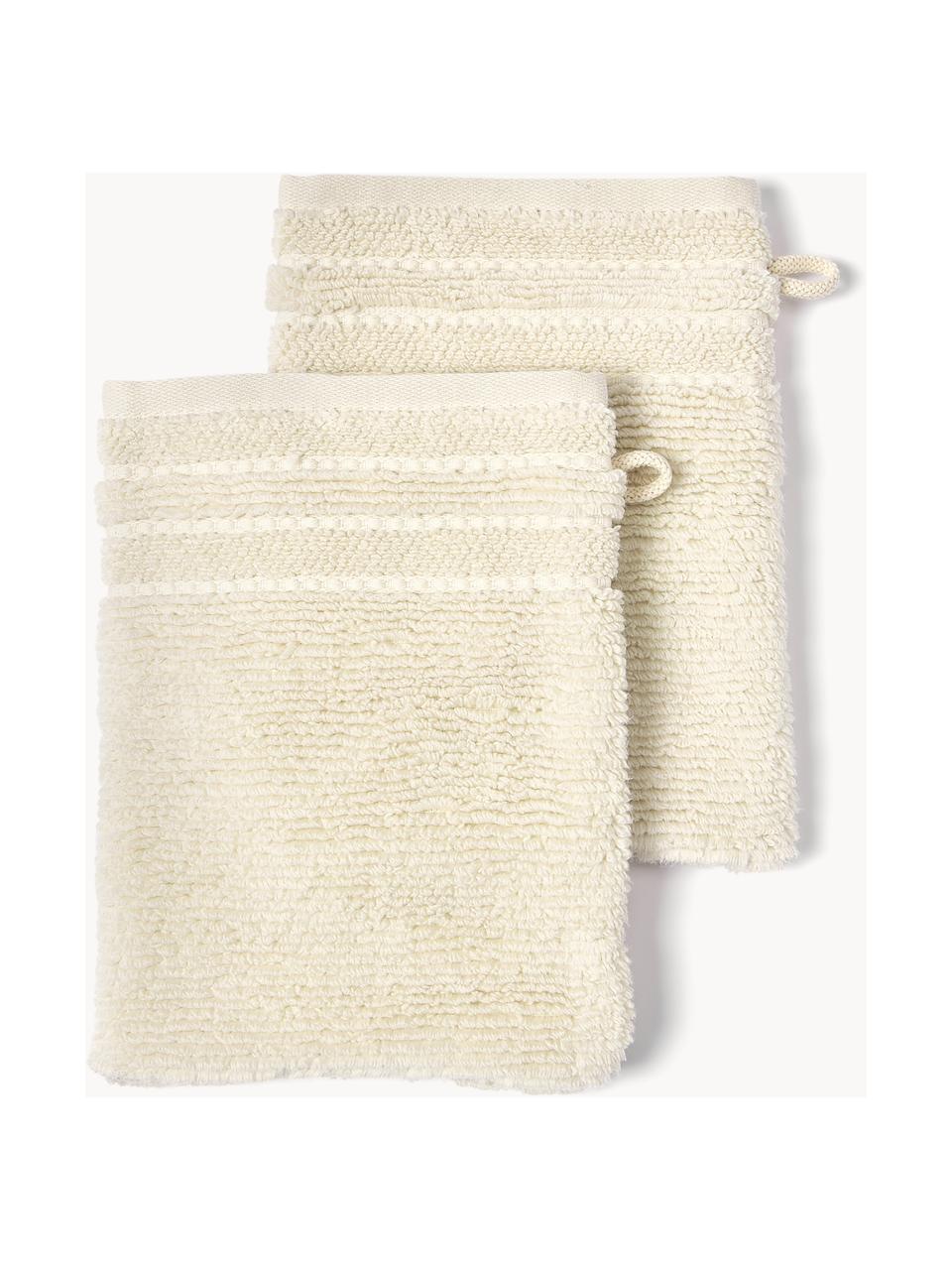 Waschhandschuhe Luxe mit Streifenbordüre, 2 Stück, Off White, Waschhandschuhe, B 16 x L 22 cm
