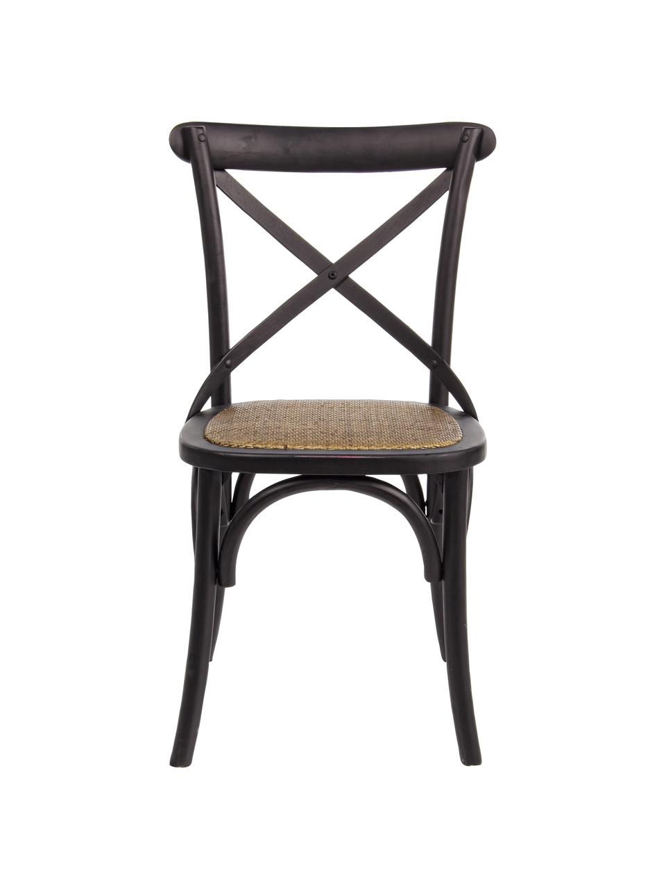 Sedia in stile country Cross, Struttura: legno di olmo, verniciato, Seduta: rattan, Nero, Larg. 42 x Alt. 46 cm