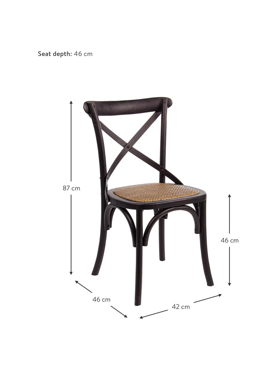 Holzstuhl Cross mit Rattan-Sitzfläche, Gestell: Ulmenholz, lackiert, Sitzfläche: Rattan, Schwarz, B 42 x T 46 cm