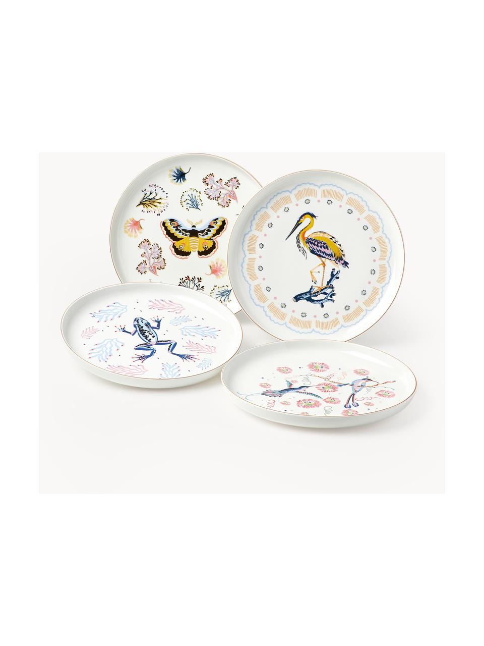Set 4 piatti piani Flamboyant, Porcellana, Multicolore con bordo dorato, Ø 26 x Alt. 3 cm