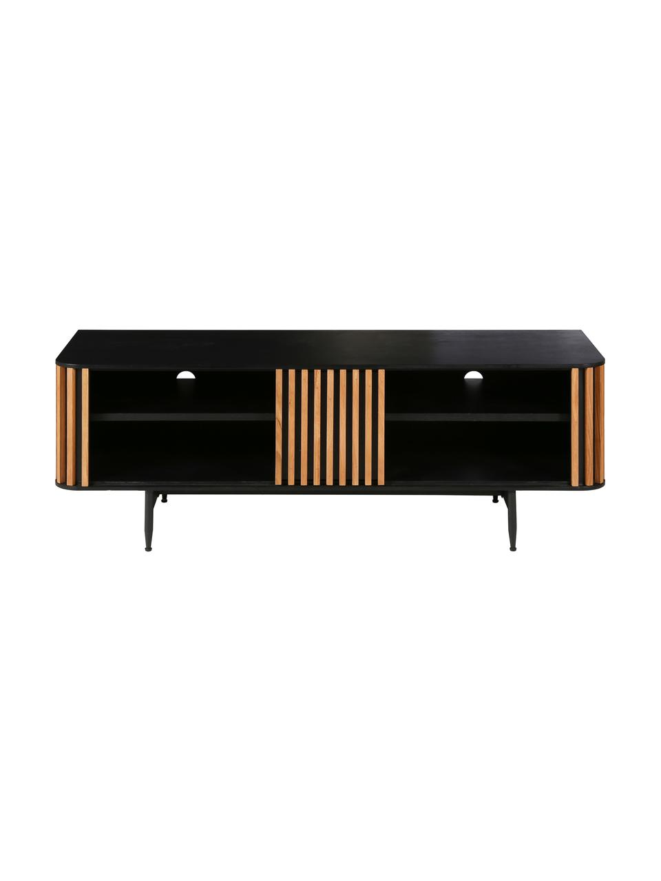 Mobile TV con rivestimento in legno di quercia Linea, Piedini: metallo verniciato, Nero, legno di quercia, Larg. 130 x Alt. 43 cm