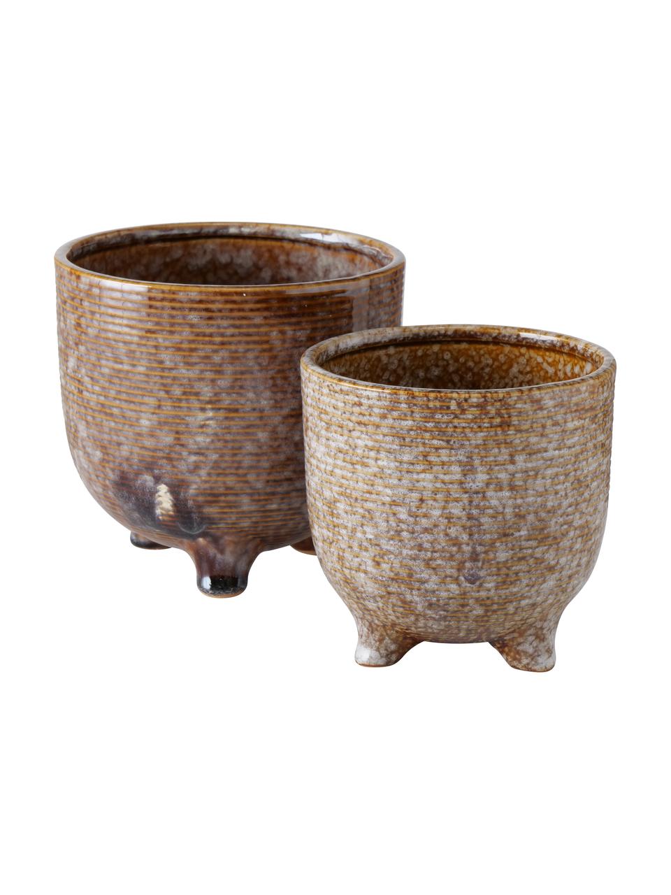 Set de maceteros artesanales de porcelana Miswa, 2 uds., Porcelana, Marrón, Set de diferentes tamaños