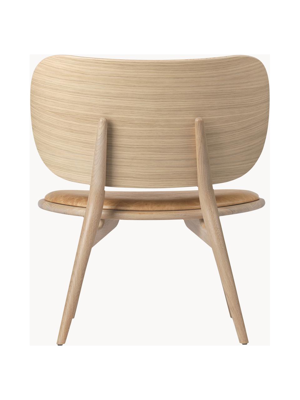 Leren loungefauteuil Rock met houten poten, handgemaakt, Zitvlak: papiergaas, Frame: eikenhout Dit product is , Beige, licht eikenhout, B 65 x D 69 cm