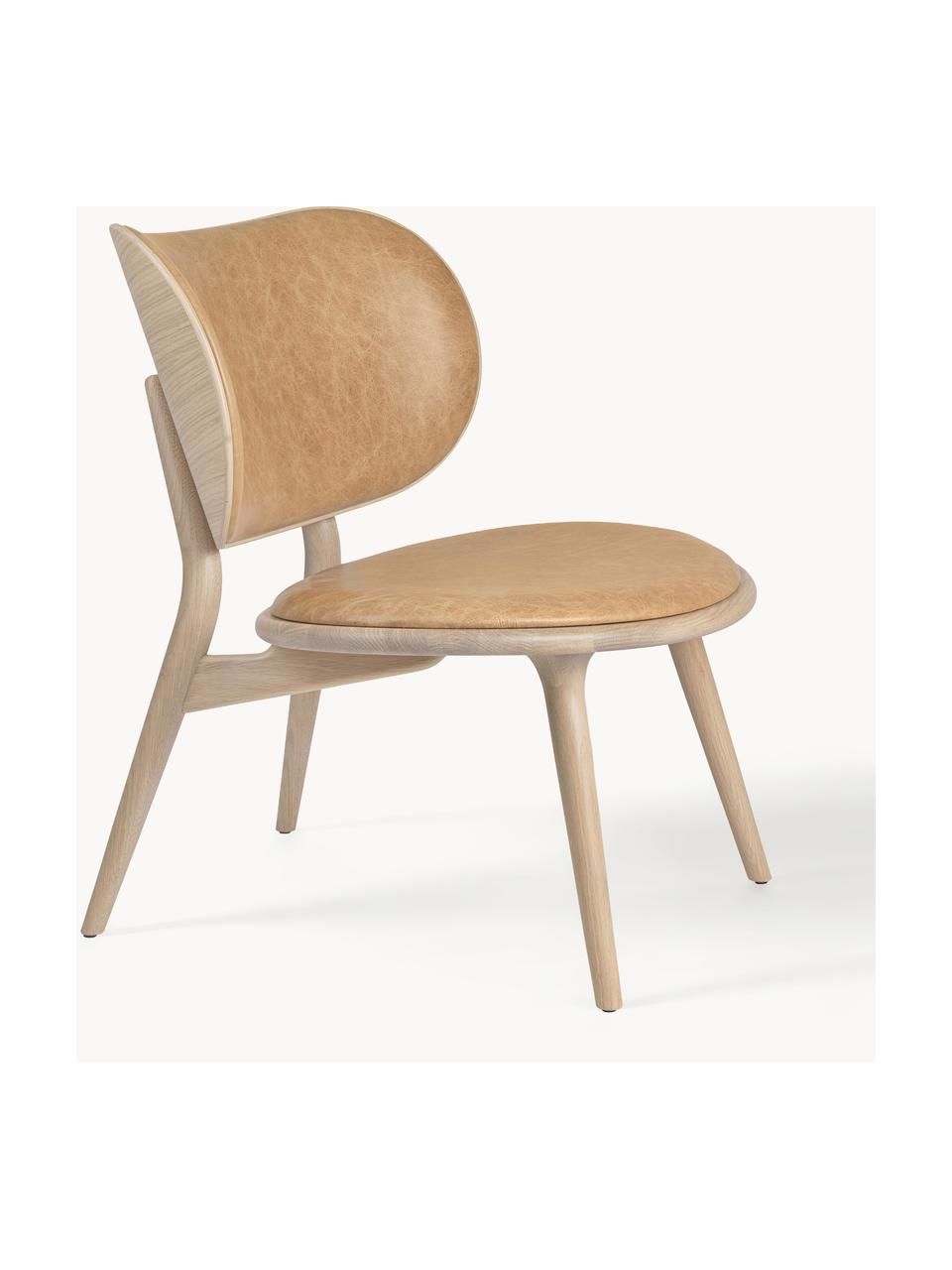 Fauteuil en bois avec assise en cuir Rocker, Beige, bois de chêne, clair, larg. 65 x prof. 69 cm