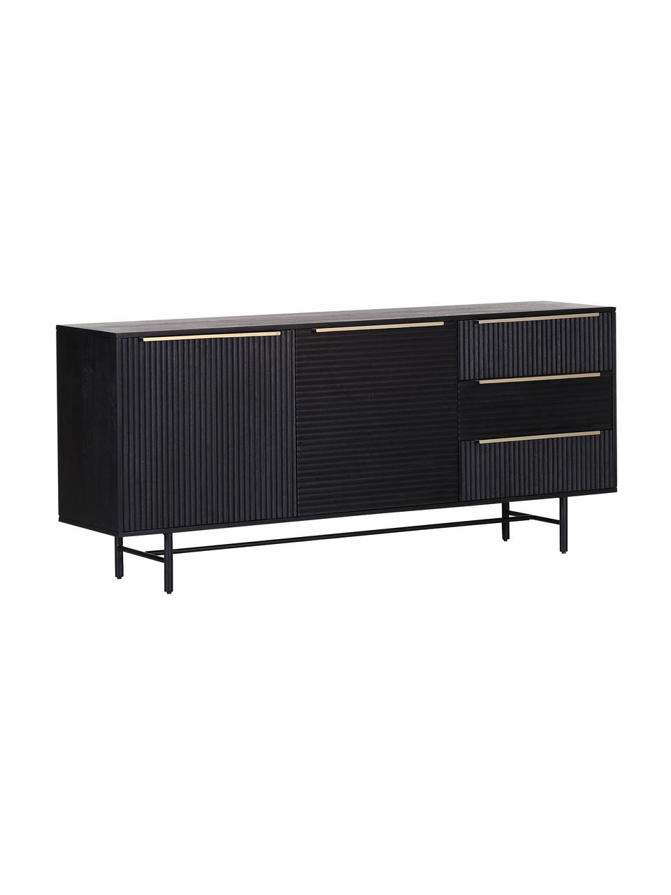 Credenza in legno di acacia con frontale scanalato Mamba, Struttura: legno di acacia verniciat, Gambe: metallo verniciato, Nero, Larg. 175 x Alt. 77 cm