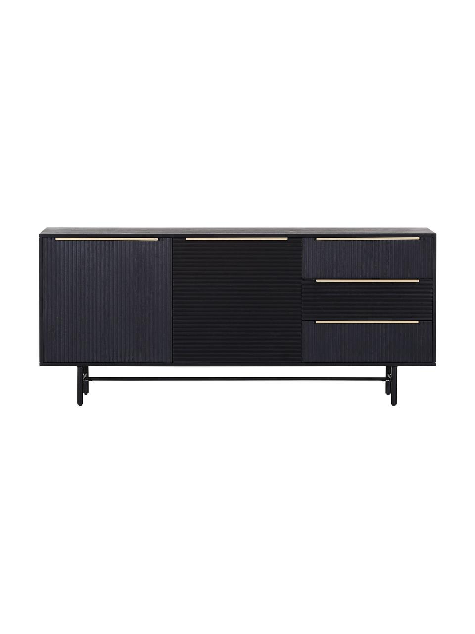 Credenza in legno di acacia con frontale scanalato Mamba, Struttura: legno di acacia verniciat, Gambe: metallo verniciato, Nero, Larg. 175 x Alt. 77 cm