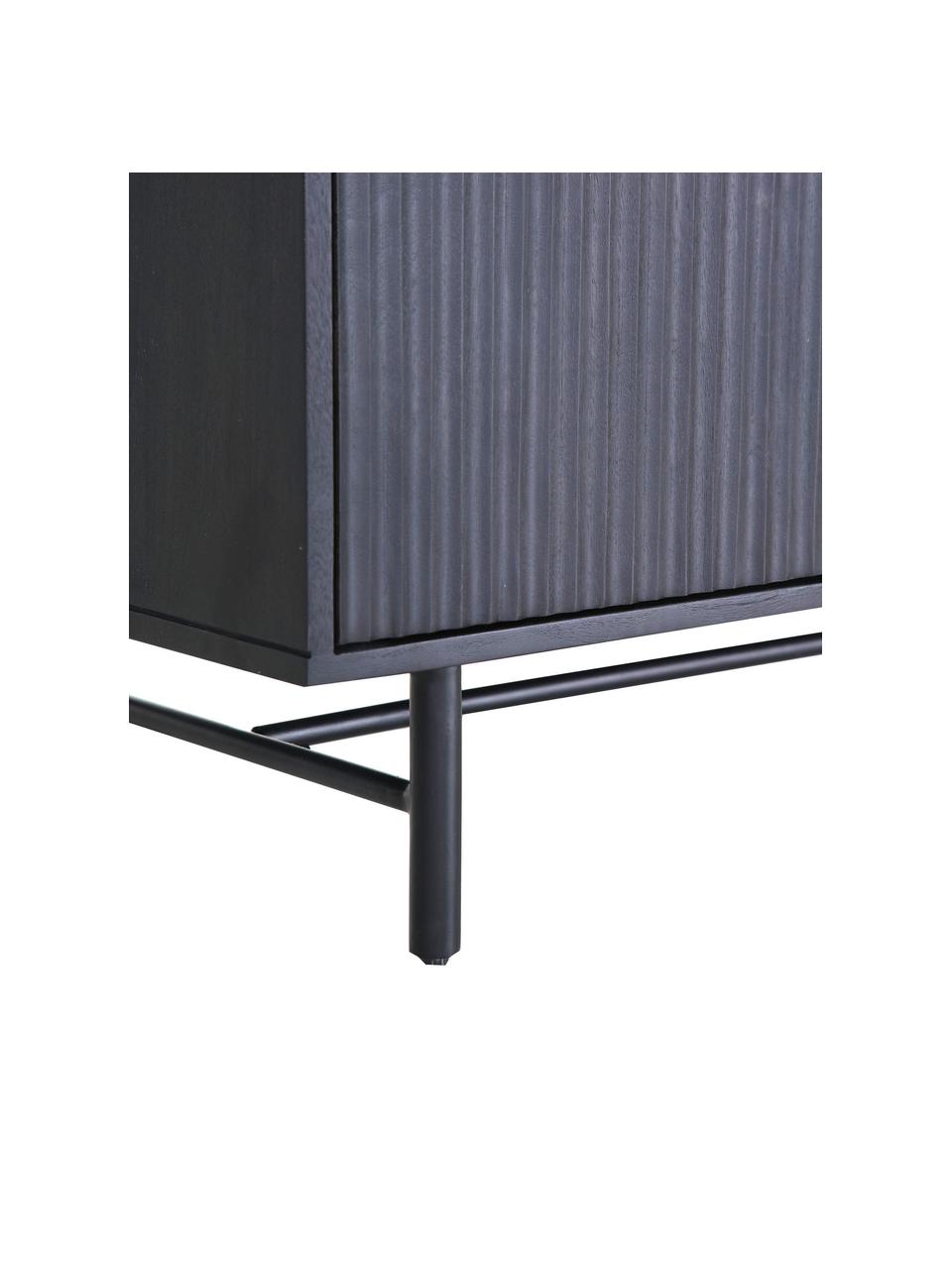 Akazienholz-Sideboard Mamba mit geriffelter Front, Korpus: Akazienholz, lackiert, Beine: Metall, lackiert, Schwarz, 175 x 77 cm