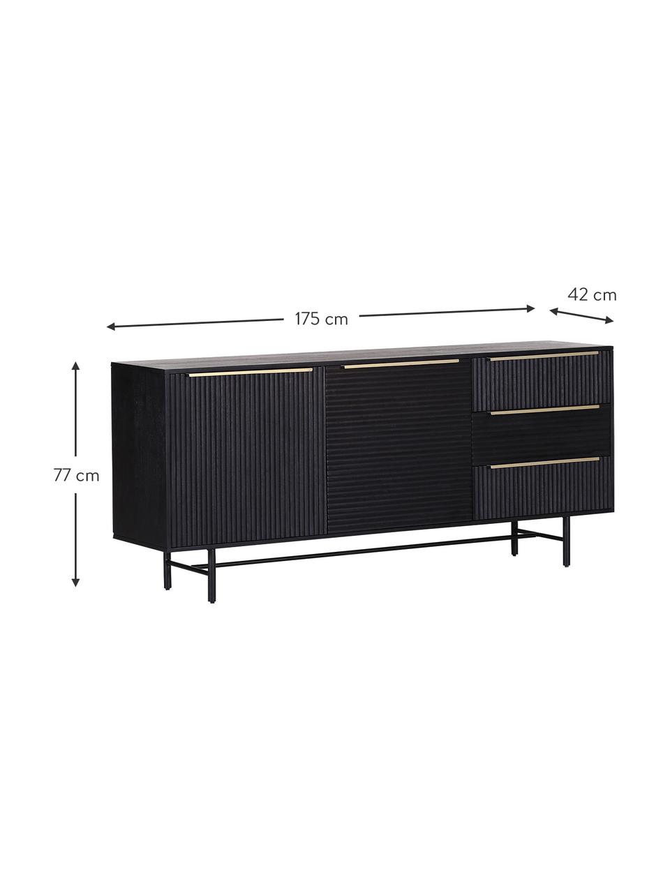 Credenza in legno di acacia con frontale scanalato Mamba, Struttura: legno di acacia verniciat, Gambe: metallo verniciato, Nero, Larg. 175 x Alt. 77 cm