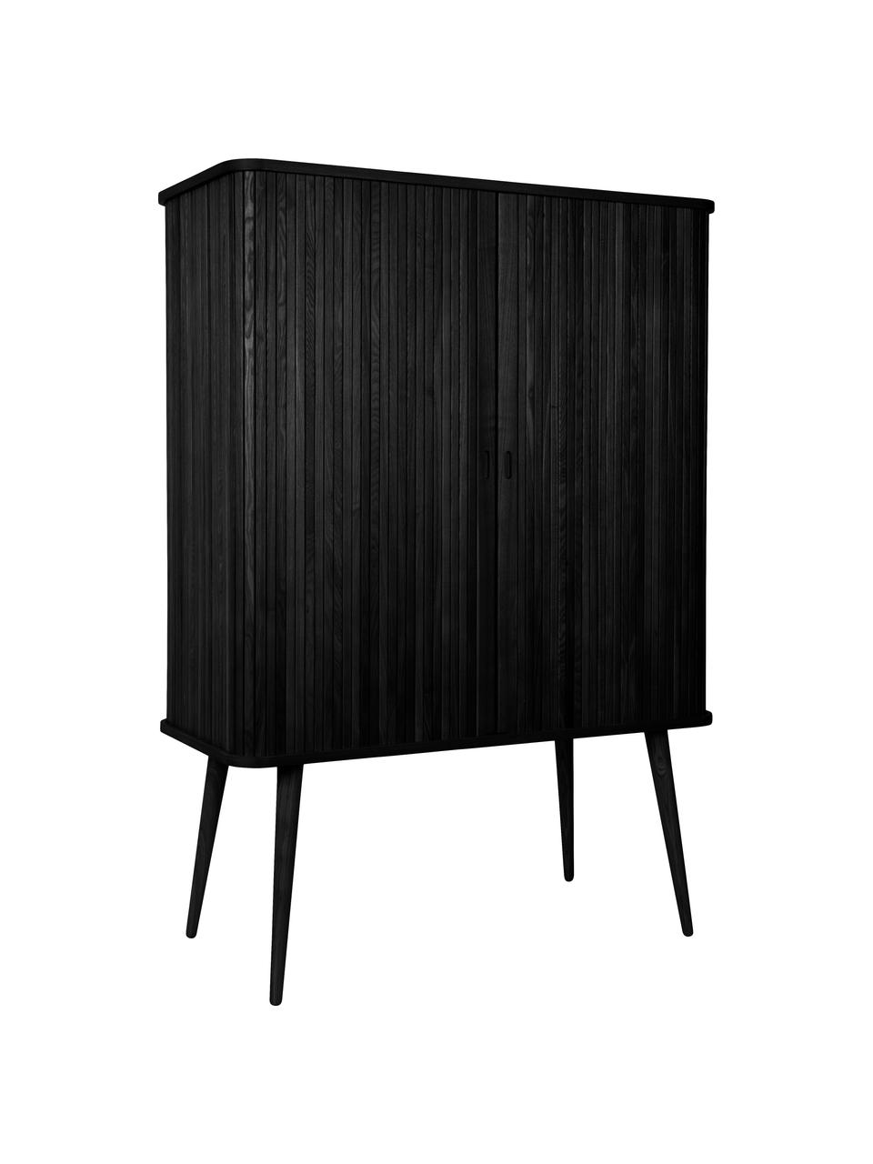 Chiffonnier de madera estriada Barbier, Estructura: tablero de fibras de dens, Estantes: vidrio templado, Negro, An 100 x Al 140 cm