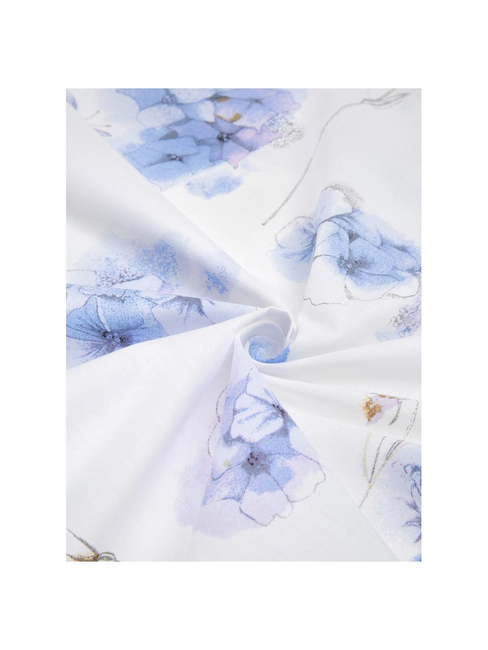 Bavlnená posteľná bielizeň s kvetinovým motívom Hydrangea, Biela, tóny modrej