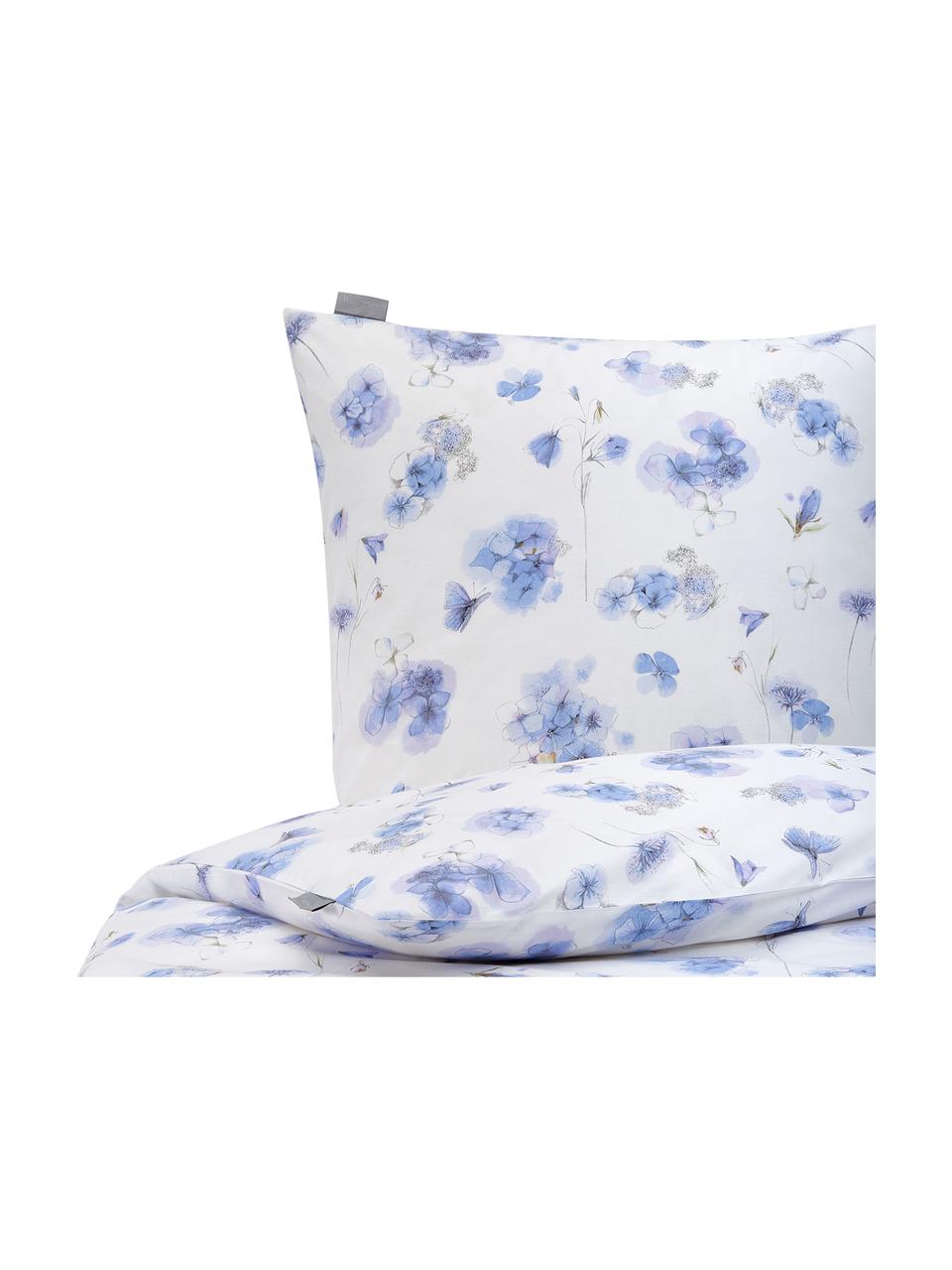 Bavlnená posteľná bielizeň s kvetinovým motívom Hydrangea, Biela, tóny modrej