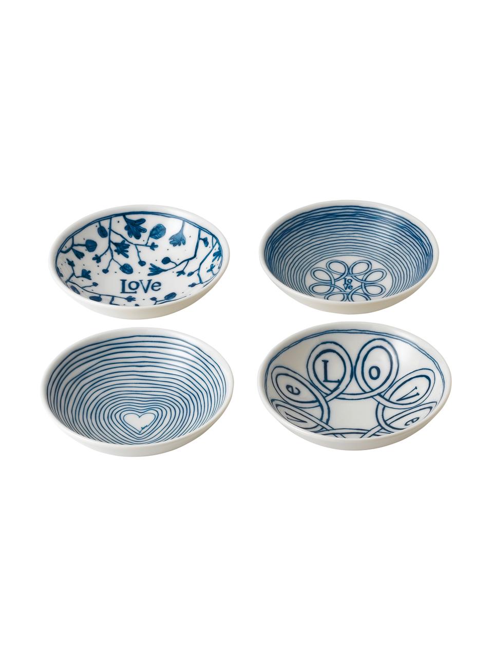Cuencos decorativos Love, 4 uds., Porcelana, Marfil, azul cobalto, Ø 14 x Al 4 cm