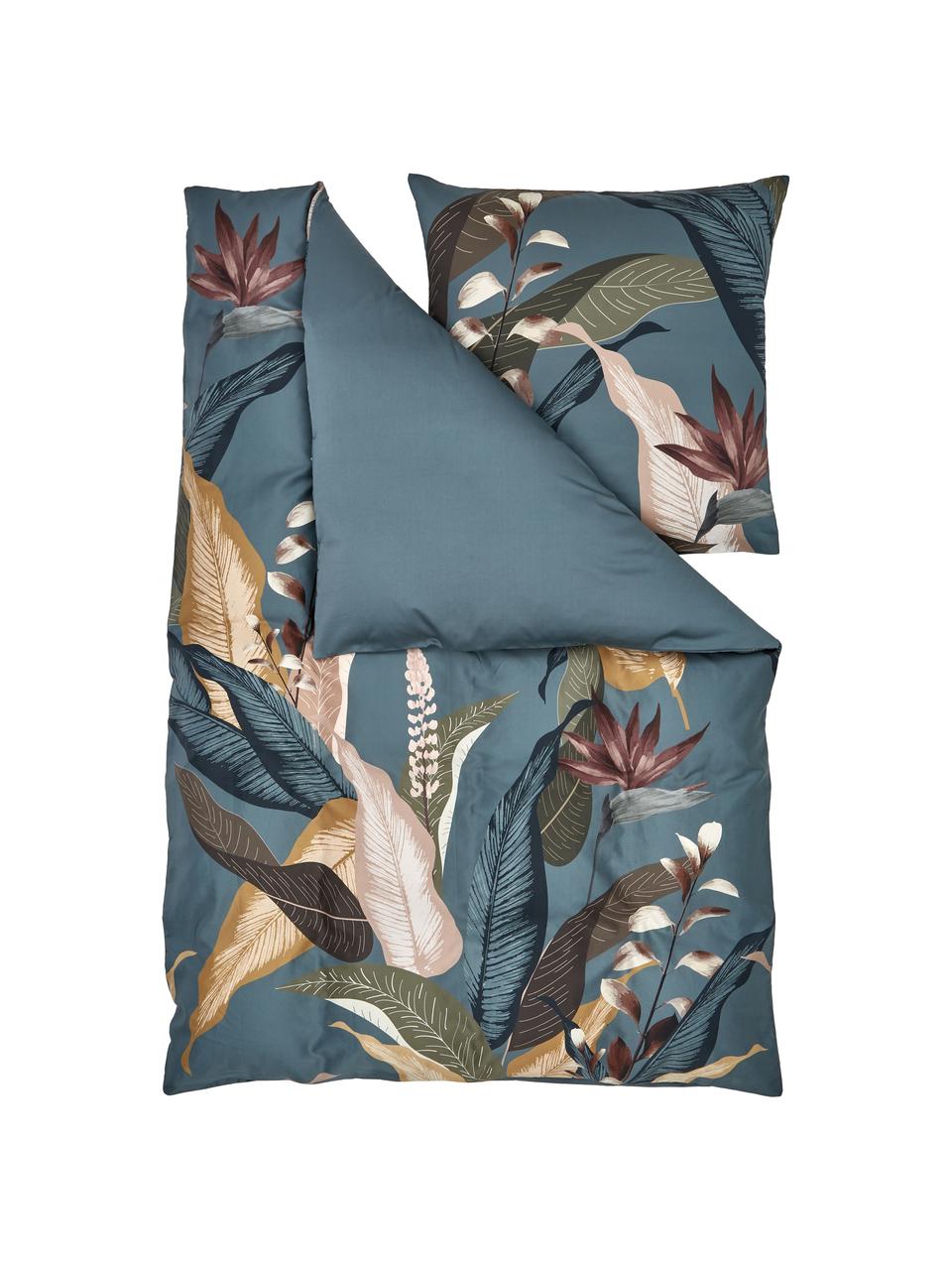 Pościel z satyny bawełnianej Flora, Niebieski, we wzór, 200 x 200 cm + 2 poduszki 80 x 80 cm