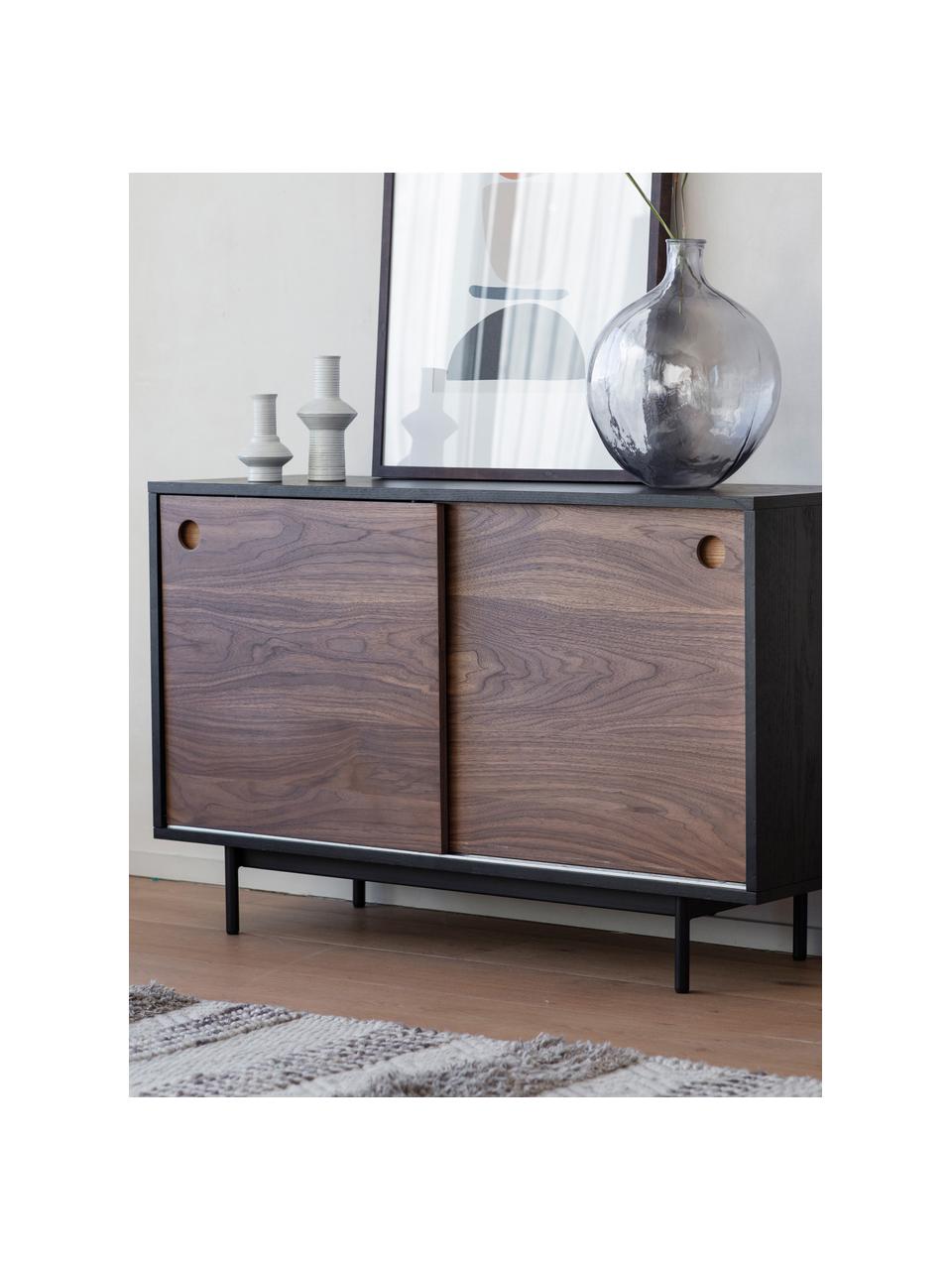 Credenza in legno con 2 ante scorrevoli Barbican, Gambe: metallo verniciato a polv, Legno scuro, nero, Larg. 120 x Alt. 75 cm