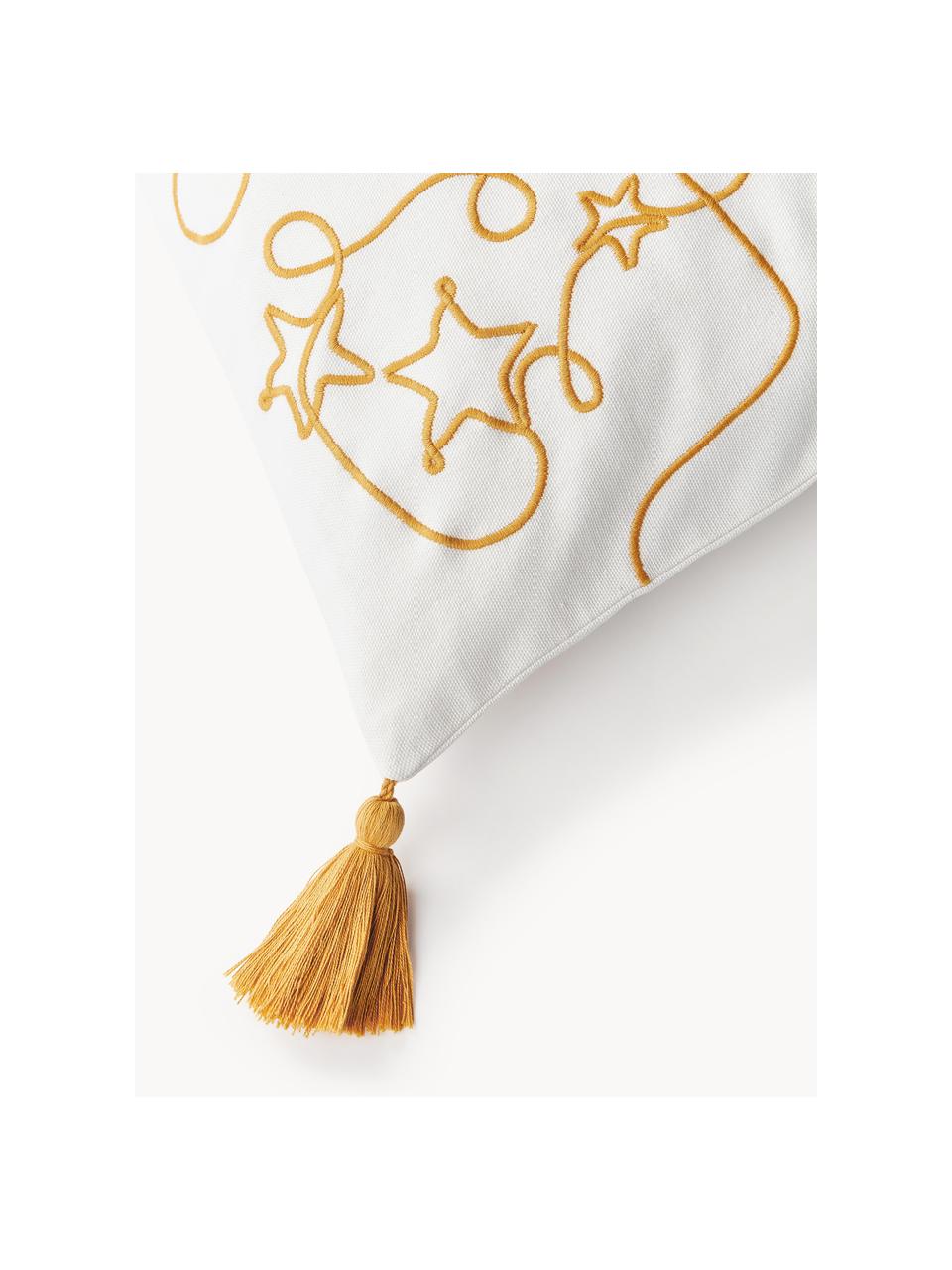 Copricuscino ricamato con motivo natalizio Alora, 100% cotone, Bianco, giallo senape, Larg. 45 x Lung. 45 cm
