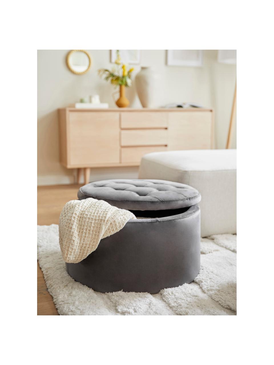 Pouf contenitore in velluto grigio Retina, Rivestimento: velluto di poliestere Con, Struttura: pannello di fibra a media, Velluto grigio scuro, Ø 60 x Alt. 35 cm