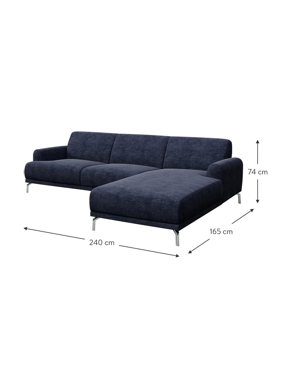 Divano angolare in tessuto blu con sistema zero spot Puzo, Rivestimento: 100% poliestere, Sottostruttura: compensato, legno di betu, Piedini: metallo verniciato, Blu, Larg. 240 x Prof. 165 cm