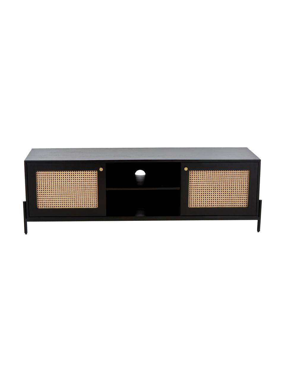 Mueble de TV con tejido vienés Vienna, Estructura: madera de mango maciza pi, Patas: metal con pintura en polv, Madera de mango, negro, An 160 x Al 50 cm