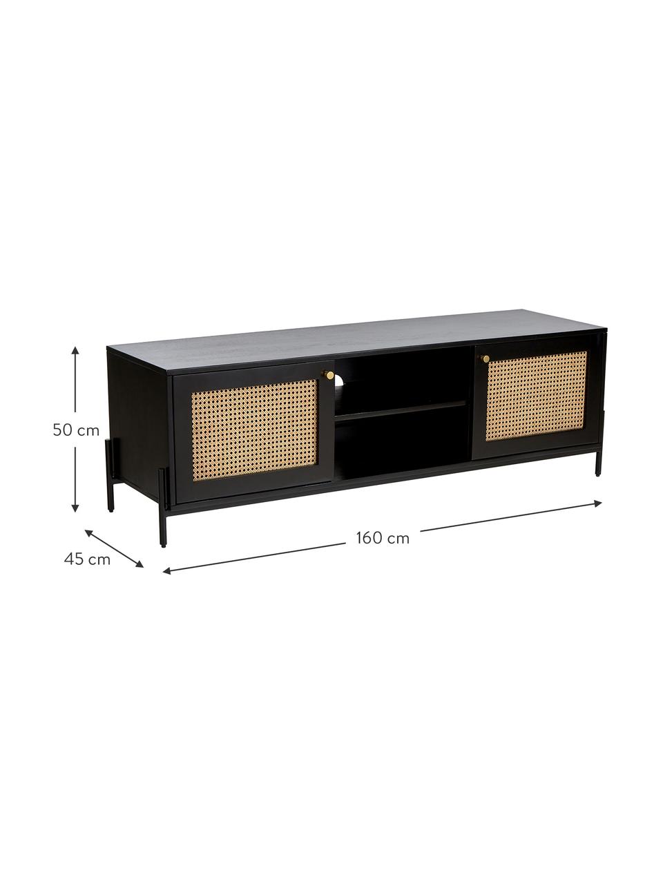 TV stolek s vídeňskou pleteninou Vienna, Mangové dřevo, černá, Š 160 cm, V 50 cm