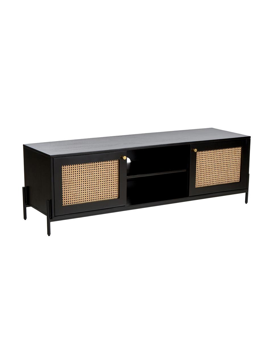 TV-Lowboard Vienna mit Wiener Geflecht, Korpus: Massives Mangoholz, lacki, Füße: Metall, pulverbeschichtet, Mangoholz, Schwarz, B 160 x H 50 cm