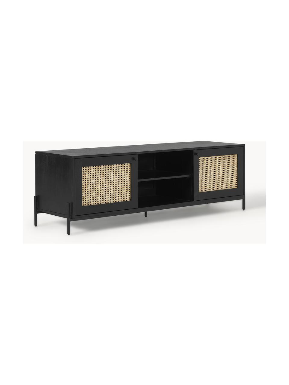 Tv-meubel Vienna met Weens vlechtwerk, Poten: metaal, gepoedercoat, Mangohout, zwart, B 160 cm x H 50 cm