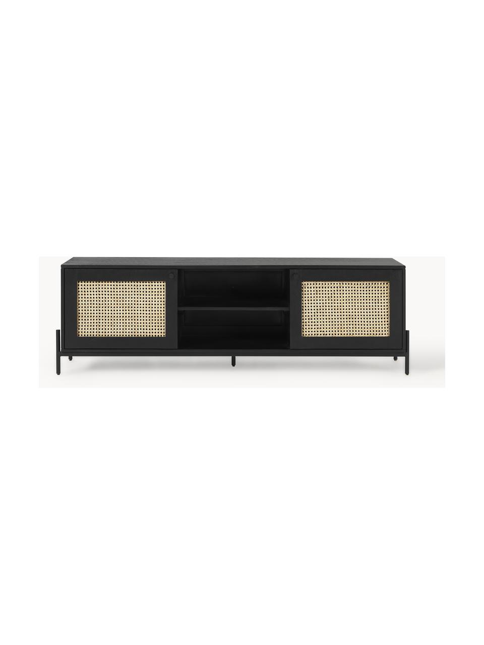 Mueble de TV con tejido vienés Vienna, Estructura: madera de mango maciza pi, Patas: metal con pintura en polv, Madera de mango, negro, An 160 x Al 50 cm