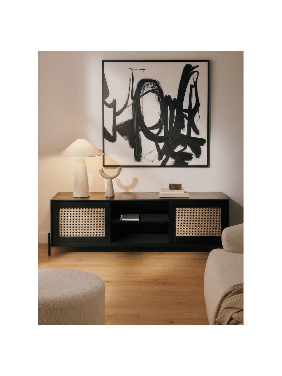 Mueble de TV con tejido vienés Vienna, Estructura: madera de mango maciza pi, Patas: metal con pintura en polv, Madera de mango, negro, An 160 x Al 50 cm