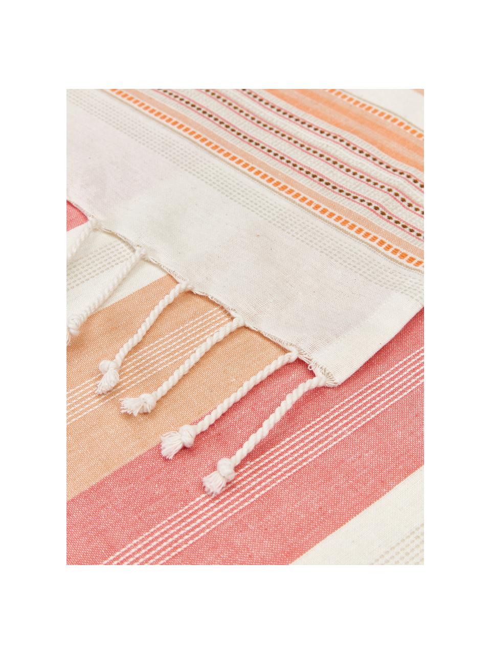 Fouta rayé à franges Green Life, 100 % coton, Rose bonbon, orange, blanc, larg. 100 x long. 190 cm